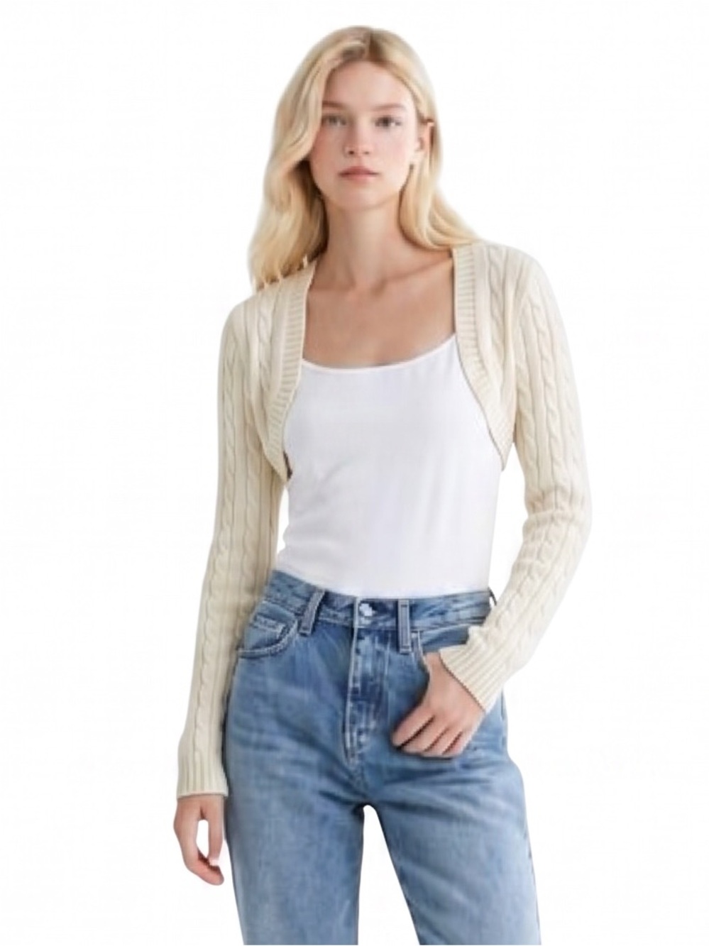 Ralph Lauren Vintage Y2K Cropped Cable-Knit Bolero Sweater in Cream. Angora. S